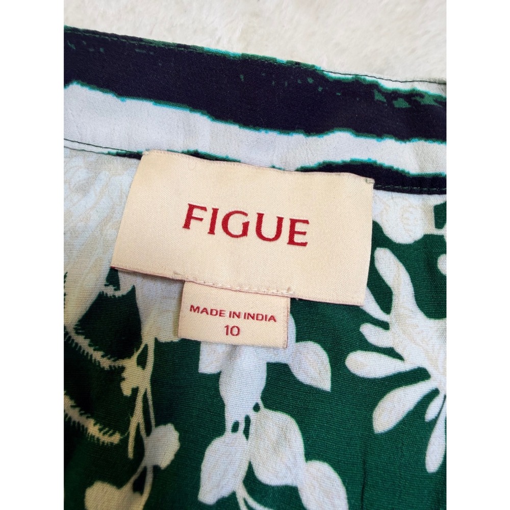 Figue Calliope Wrap Dress Green White Floral Striped V-Neck Bell Cuff Maxi - Picture 5 of 11